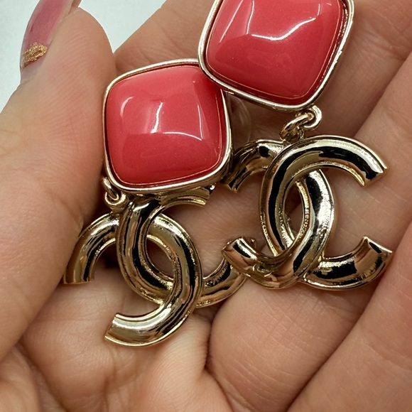 Chanel Pink Enamel Gold CC Dangle Statement Earrings - Picture 6 of 11